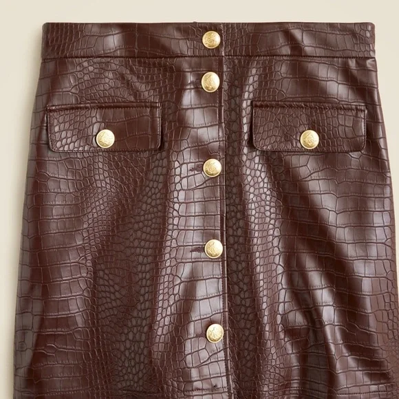 J. Crew Collection Mini Skirt Croc-Embellished Faux Leather Midnight Brown 00 - Picture 3 of 7